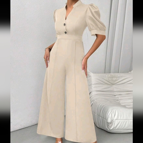 Ladies' V-Neck Puff Sleeve Cinched Waist Wide-Leg Jumpsuit - Picture 3 of 4